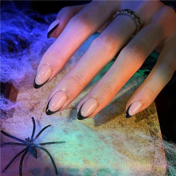 Black French Tip Almond Press On Nails - Picture 4 of 7